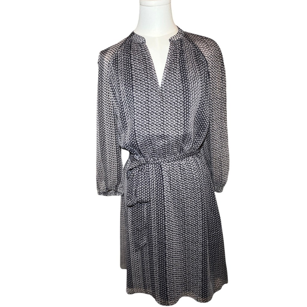 Loft Petite Belted Dress S Gray Black Polka‎ Dot V Neck Long Sleeve Work Career